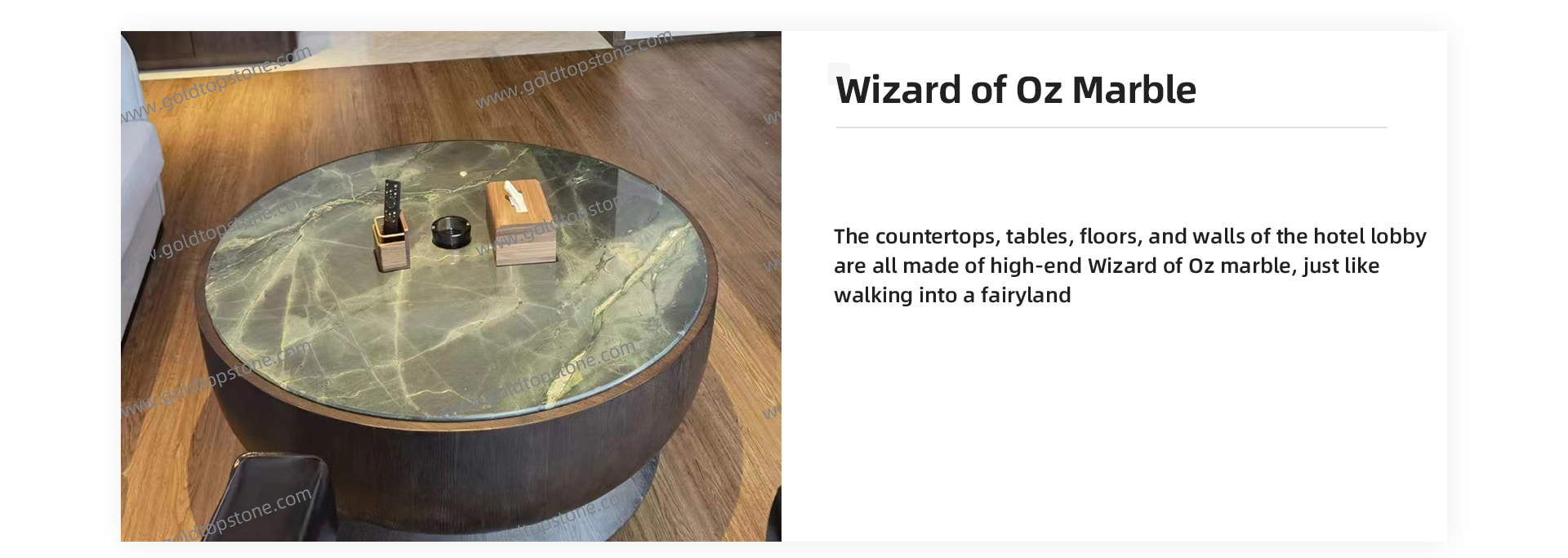 The countertops, tables, floors, and walls of the hotel lobby are all made of high-end Wizard of Oz Marble, just like walking into a fairyland.